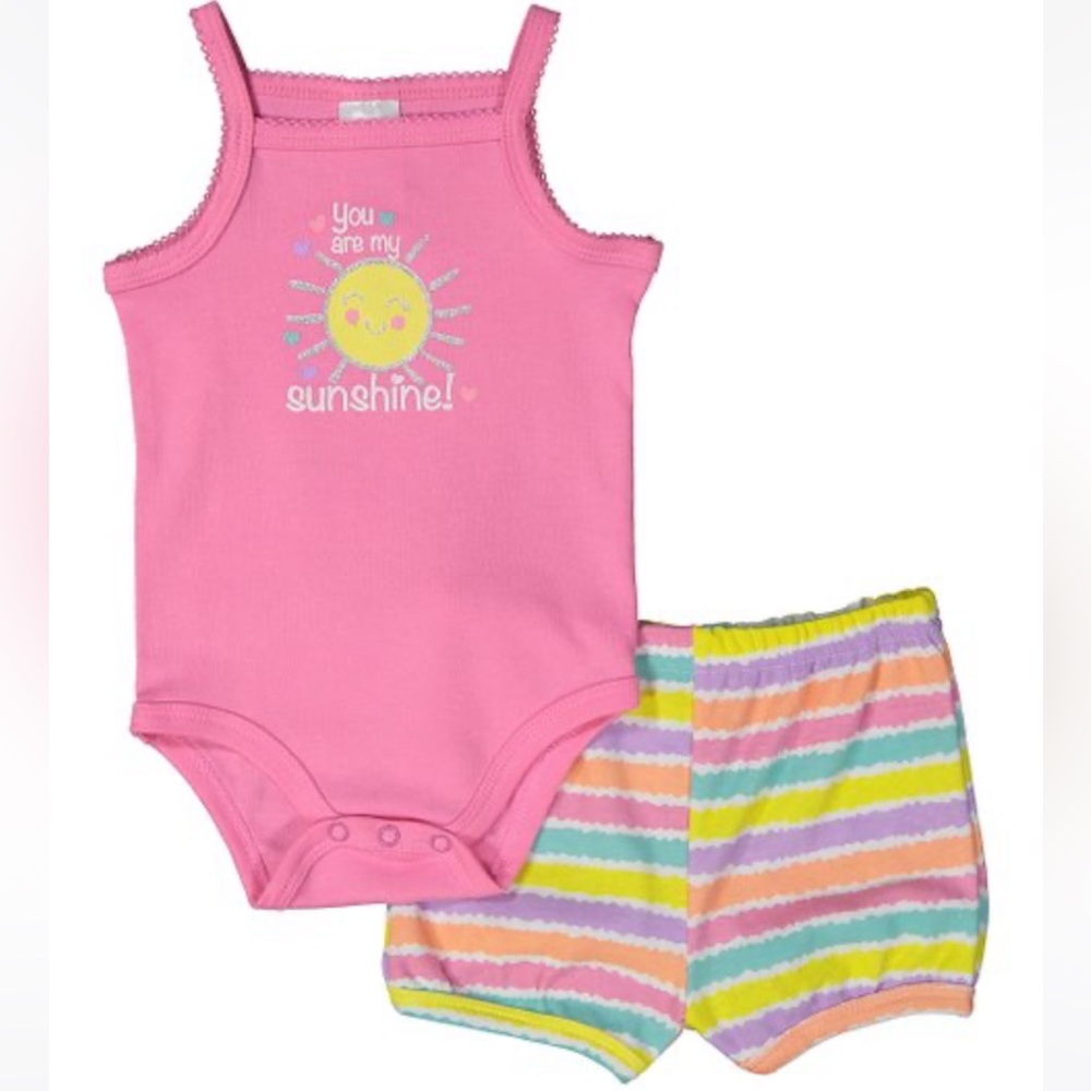 Pink 'Sunshine' Sleeveless Bodysuit & Yellow Stripe Bloomers - 3-6 months